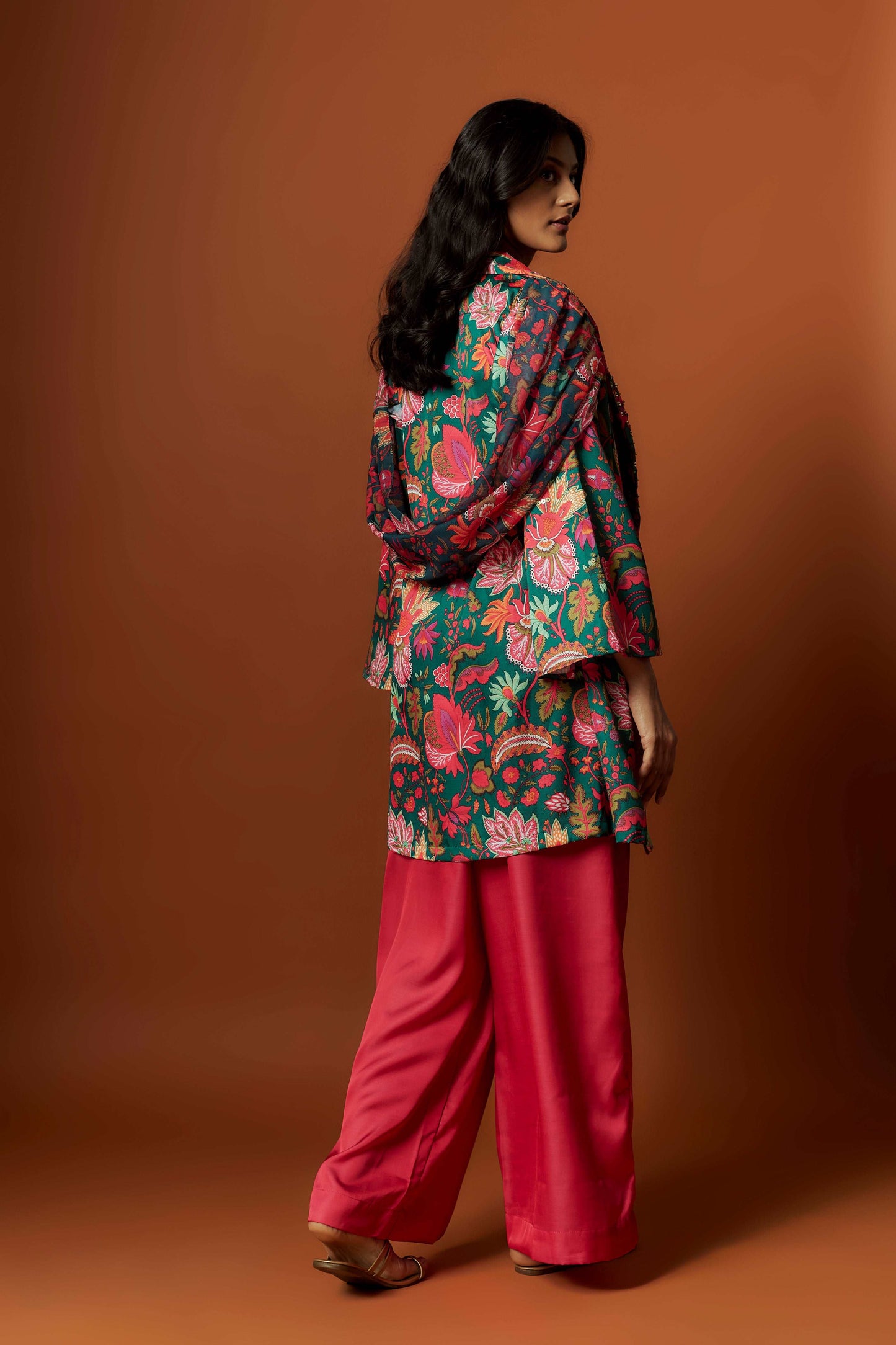 slub linen satin pink printed jacket set with hand embroidery.