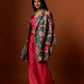 slub linen satin pink printed jacket set with hand embroidery.