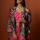 slub linen satin pink printed jacket set with hand embroidery.