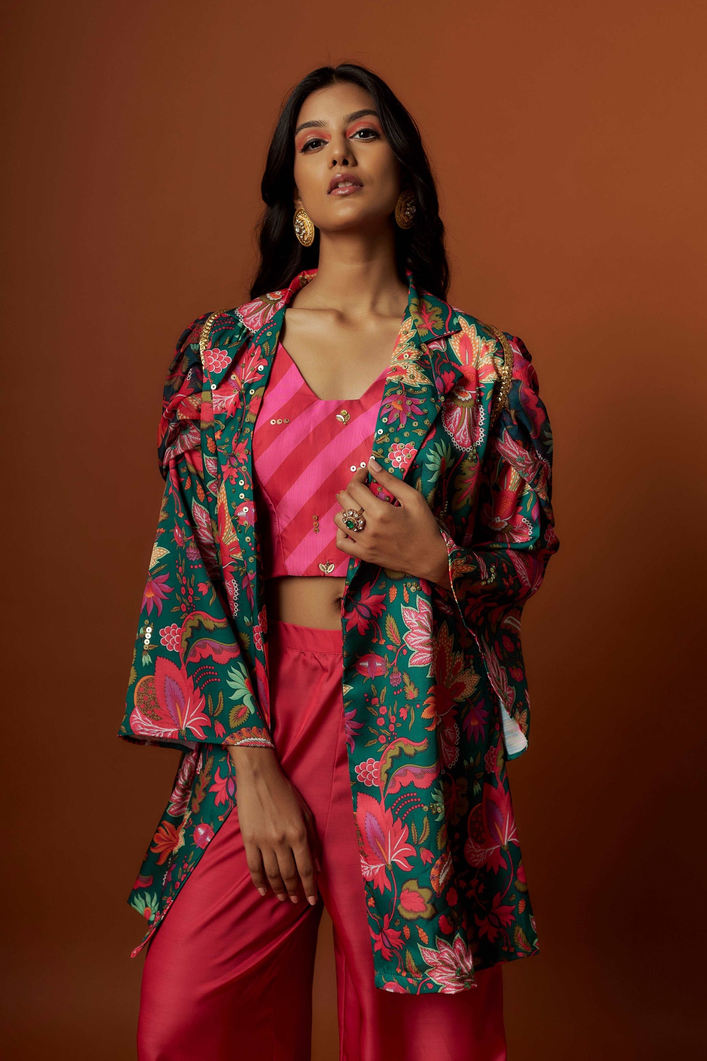 slub linen satin pink printed jacket set with hand embroidery.