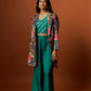 slub linen satin green printed jacket set with hand embroidery.