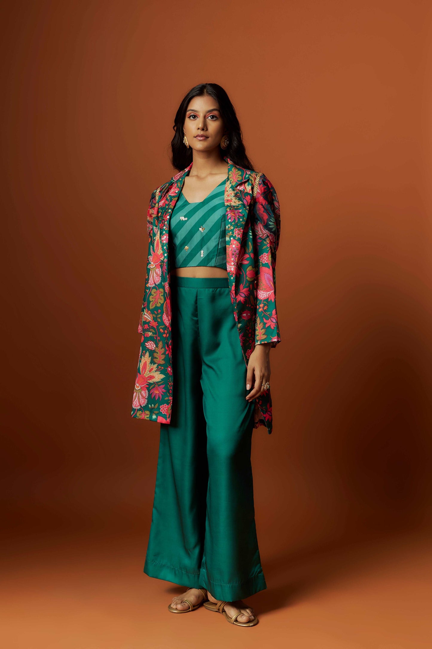 slub linen satin green printed jacket set with hand embroidery.