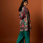 slub linen satin green printed jacket set with hand embroidery.