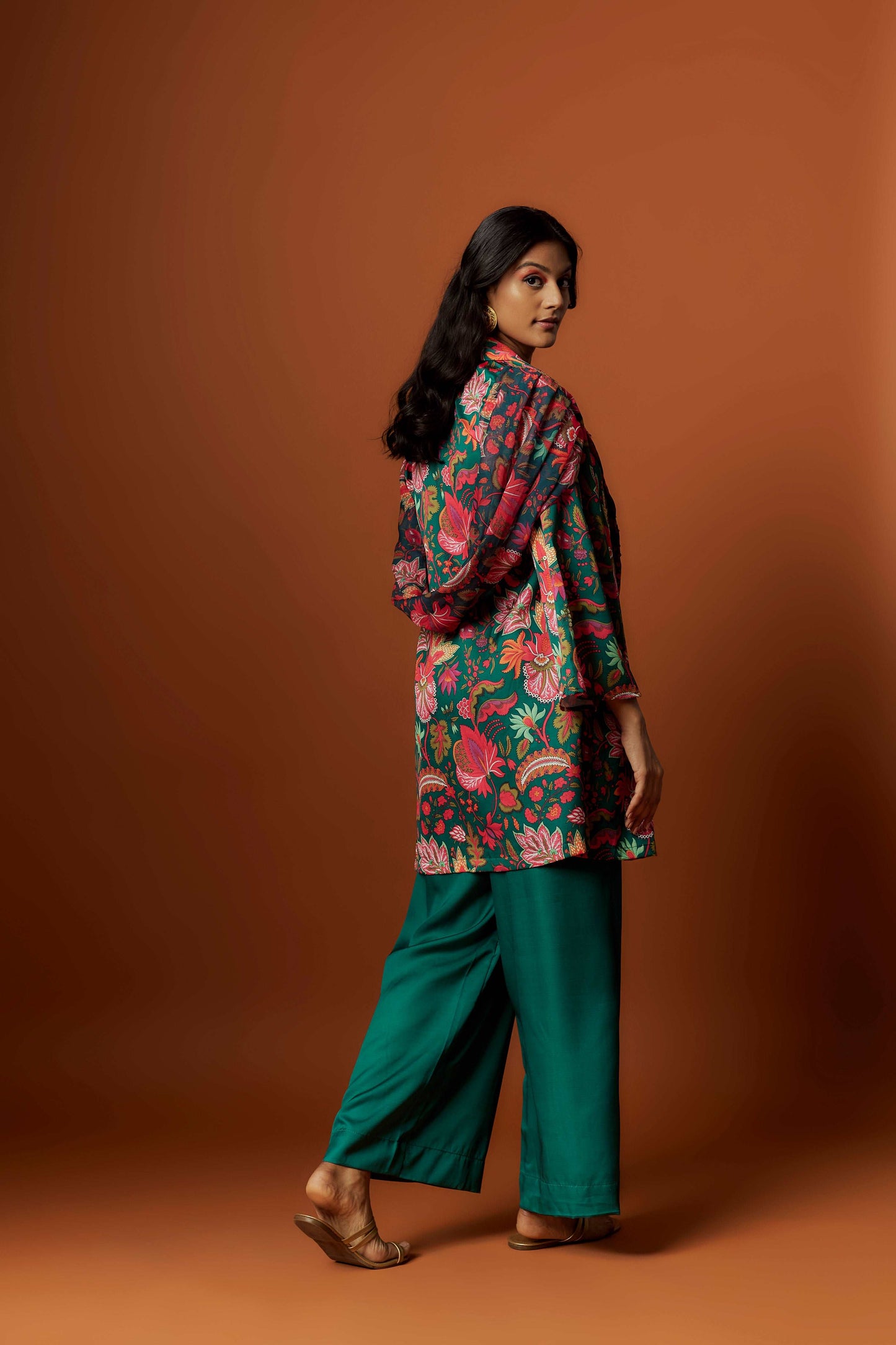 slub linen satin green printed jacket set with hand embroidery.