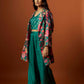 slub linen satin green printed jacket set with hand embroidery.