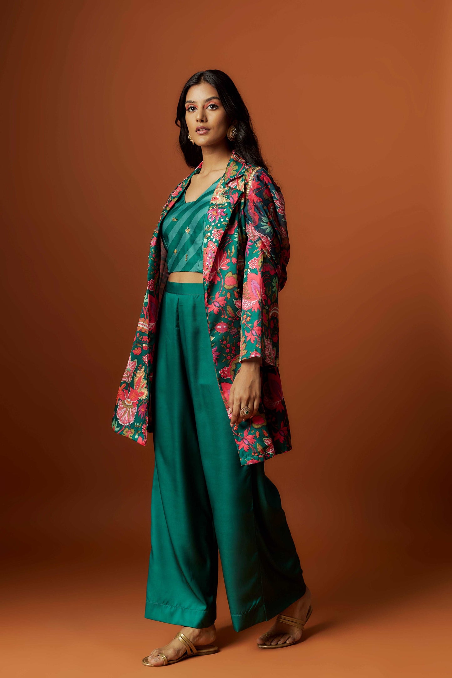 slub linen satin green printed jacket set with hand embroidery.