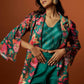 slub linen satin green printed jacket set with hand embroidery.