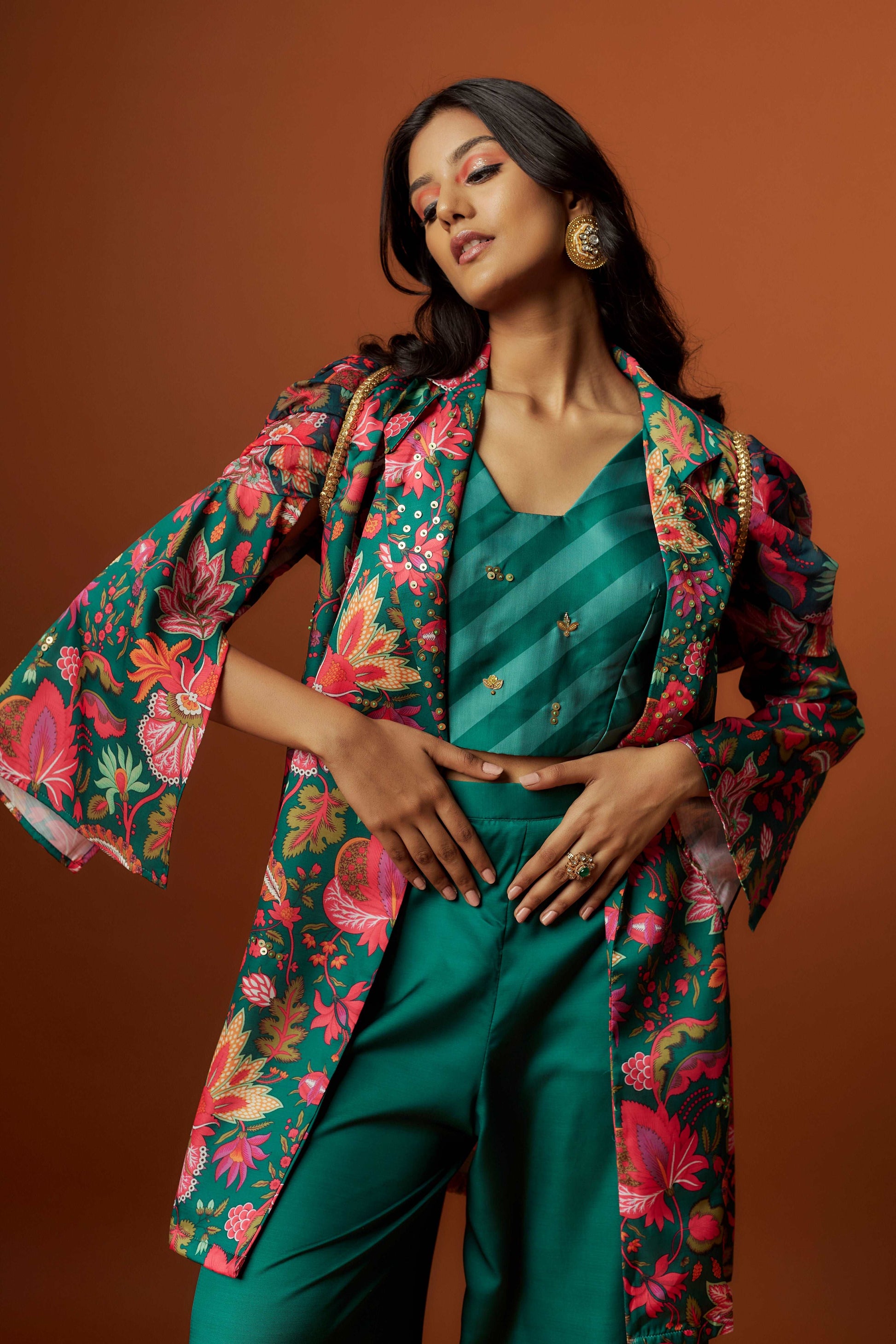 slub linen satin green printed jacket set with hand embroidery.