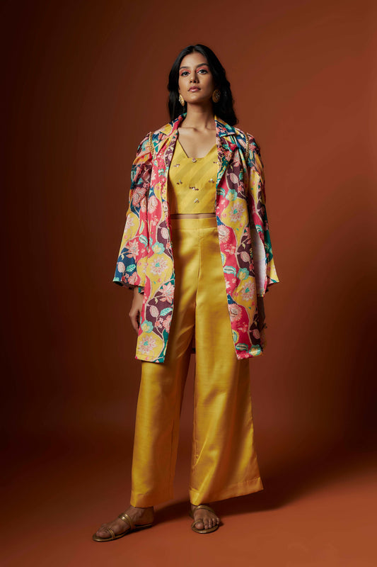 slub linen satin multi colour printed jacket set with hand embroidery.