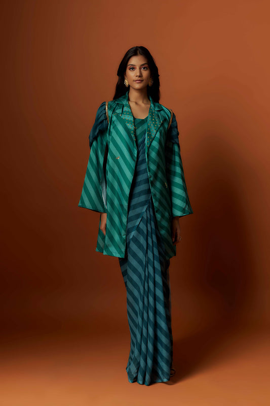 Slub linen satin & soft linen georgette green printed saree,blouse,jacket set with hand embroidered.