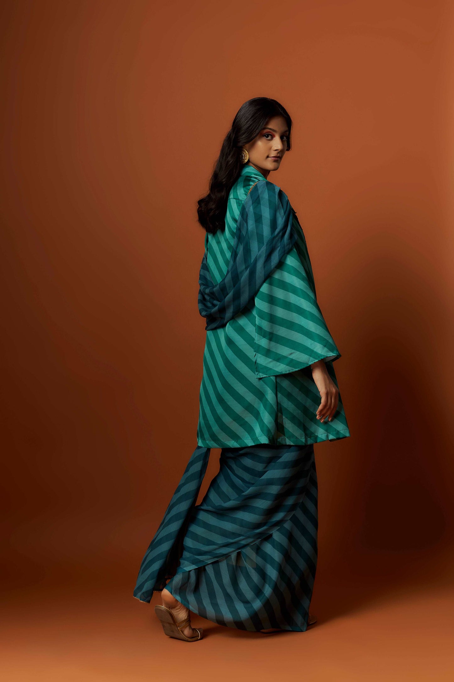 Slub linen satin & soft linen georgette green printed saree,blouse,jacket set with hand embroidered.