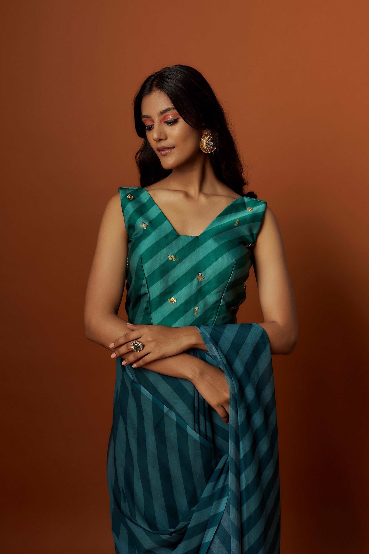 Slub linen satin & soft linen georgette green printed saree,blouse,jacket set with hand embroidered.