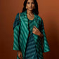 Slub linen satin & soft linen georgette green printed saree,blouse,jacket set with hand embroidered.