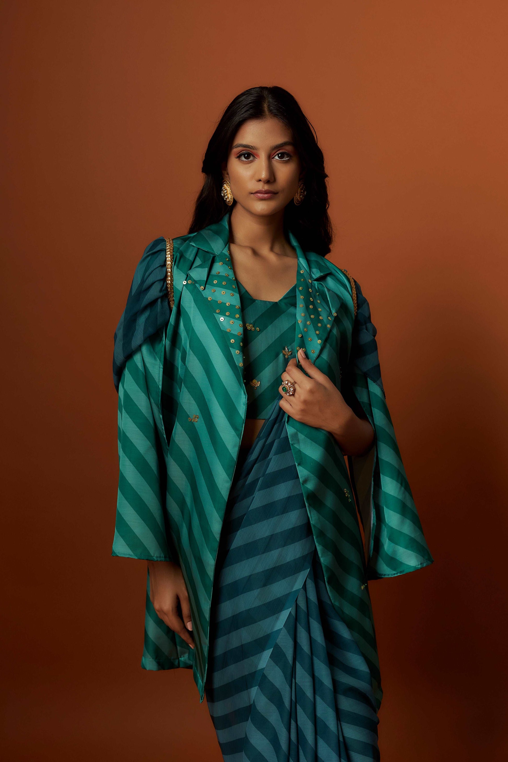 Slub linen satin & soft linen georgette green printed saree,blouse,jacket set with hand embroidered.