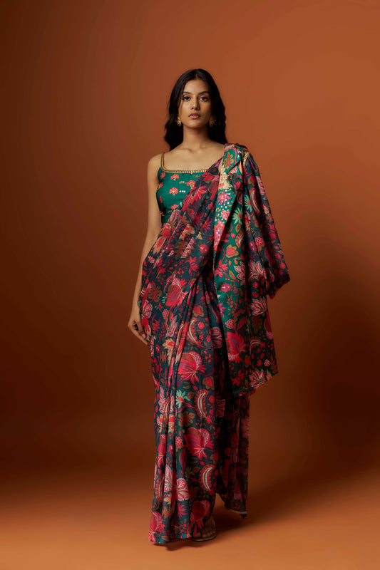 Slub linen satin & soft linen georgette green printed saree, blouse, jacket set with hand embroidered.