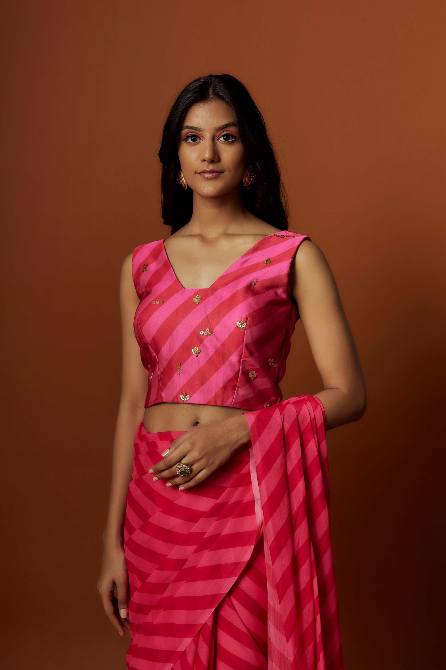 Slub linen satin & soft linen georgette pink printed saree,blouse,jacket set with hand embroidered.