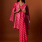 Slub linen satin & soft linen georgette pink printed saree,blouse,jacket set with hand embroidered.