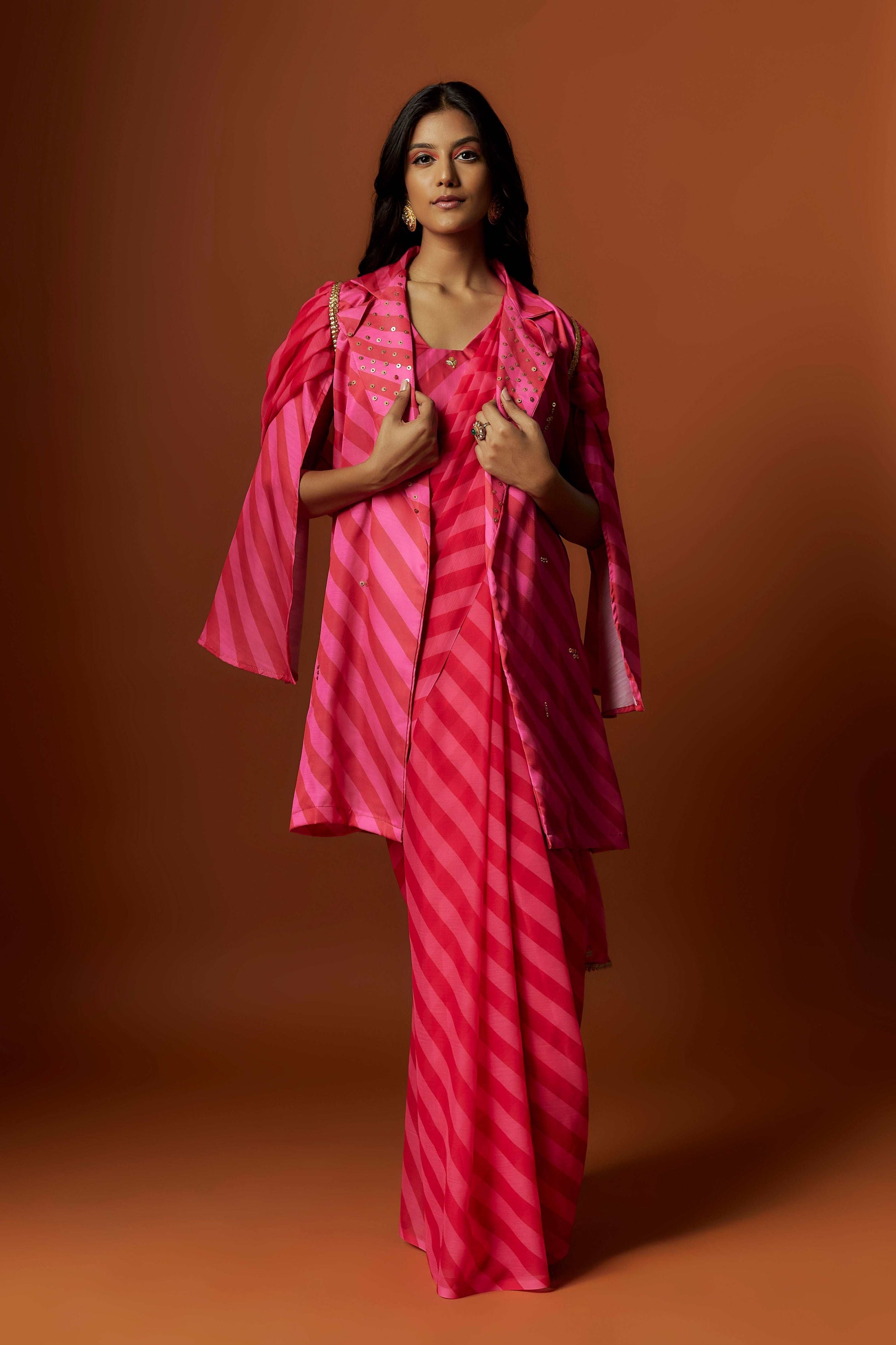 Slub linen satin & soft linen georgette pink printed saree,blouse,jacket set with hand embroidered.