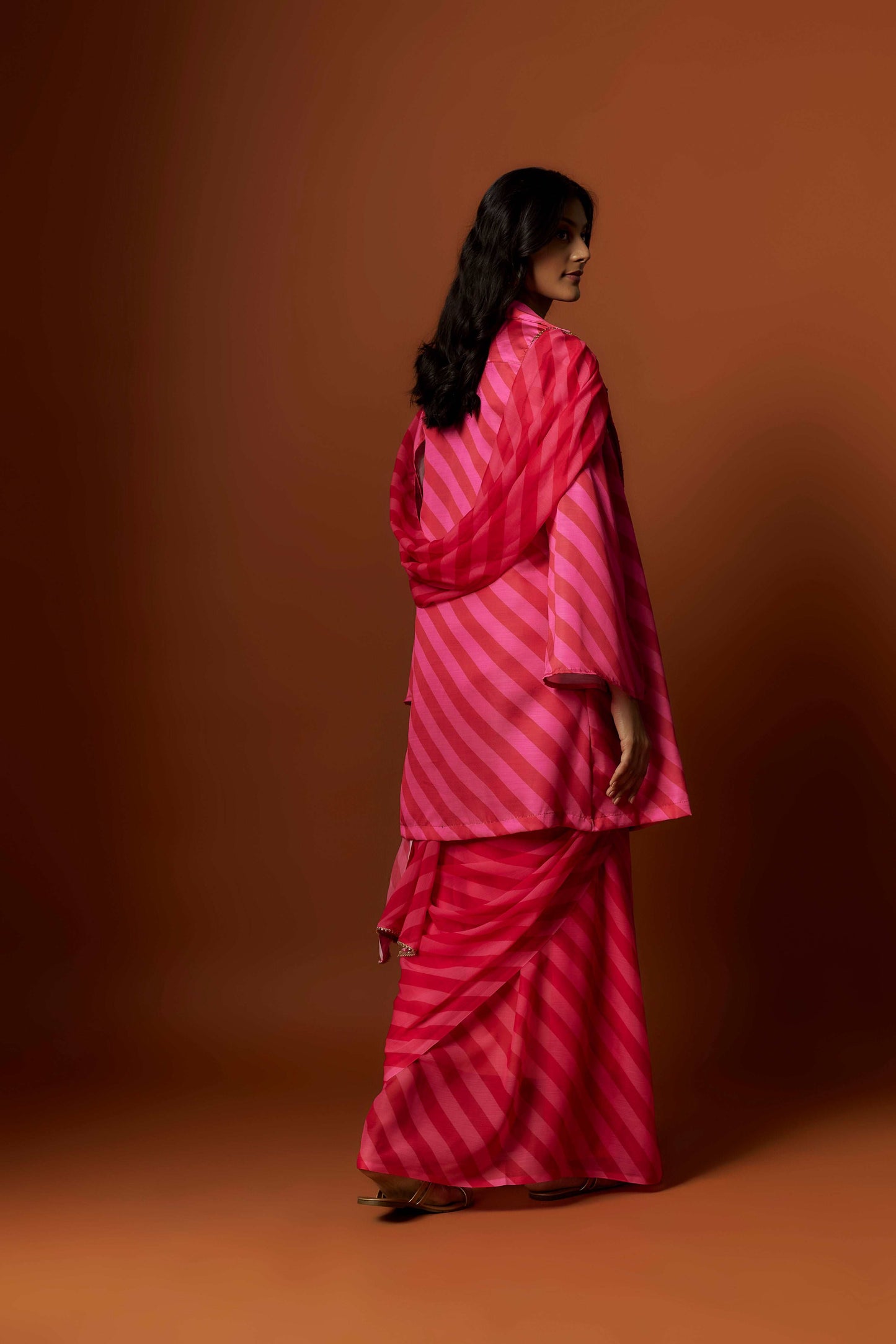 Slub linen satin & soft linen georgette pink printed saree,blouse,jacket set with hand embroidered.