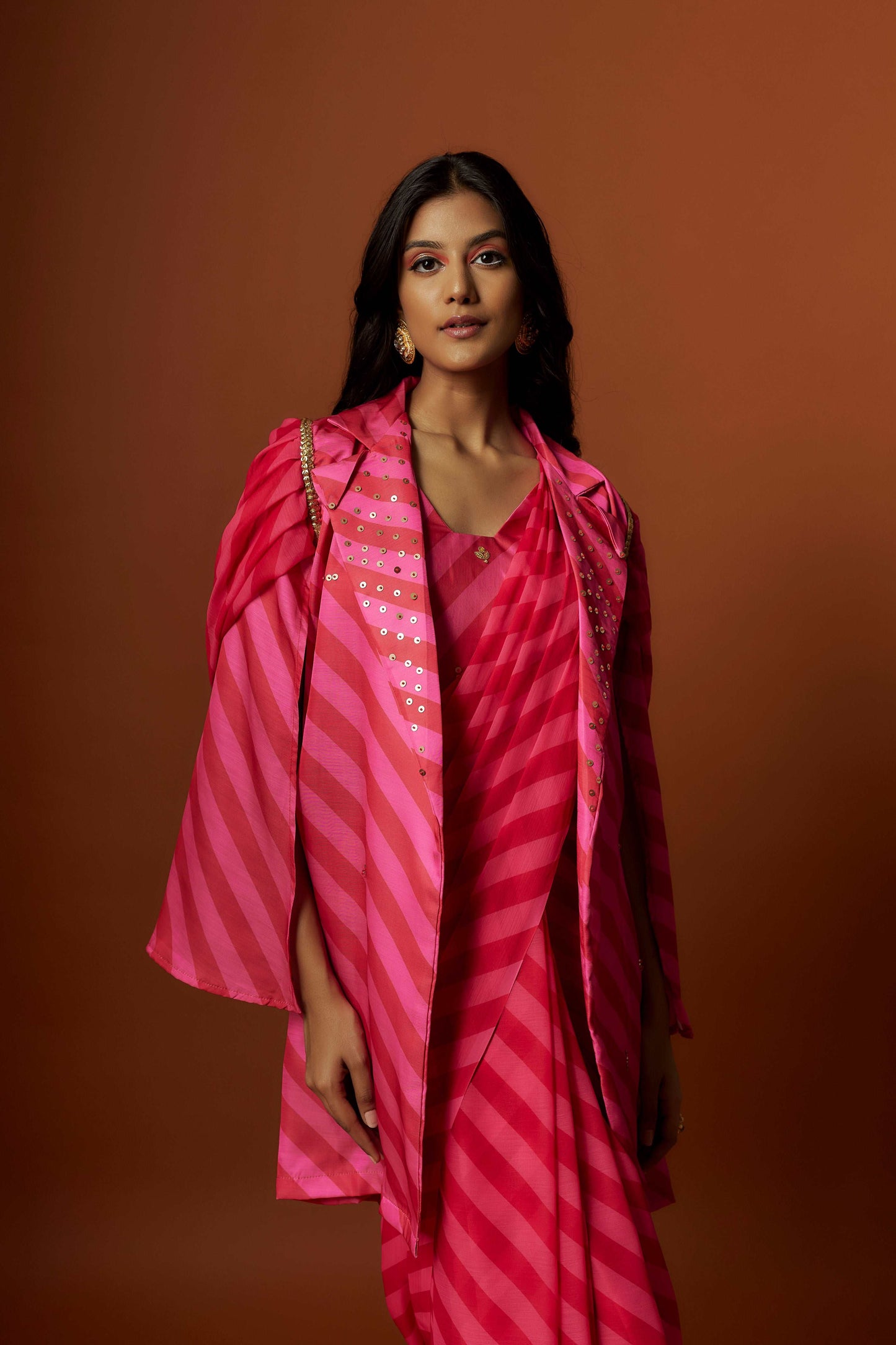 Slub linen satin & soft linen georgette pink printed saree,blouse,jacket set with hand embroidered.