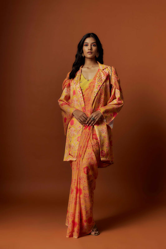 Slub linen satin & soft linen georgette yellow printed saree ,blouse, jacket set with hand embroidered.