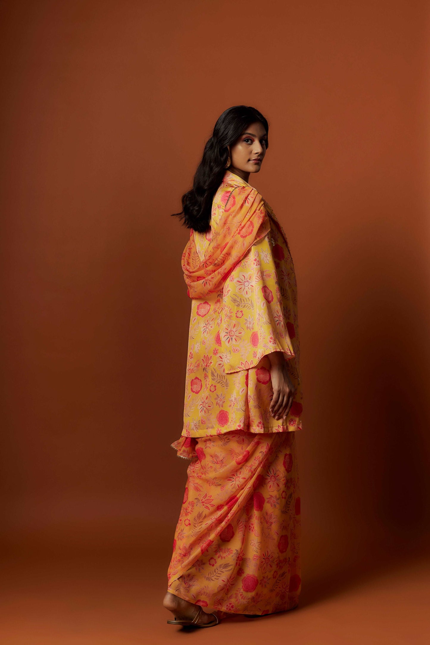 Slub linen satin & soft linen georgette yellow printed saree ,blouse, jacket set with hand embroidered.