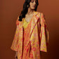 Slub linen satin & soft linen georgette yellow printed saree ,blouse, jacket set with hand embroidered.