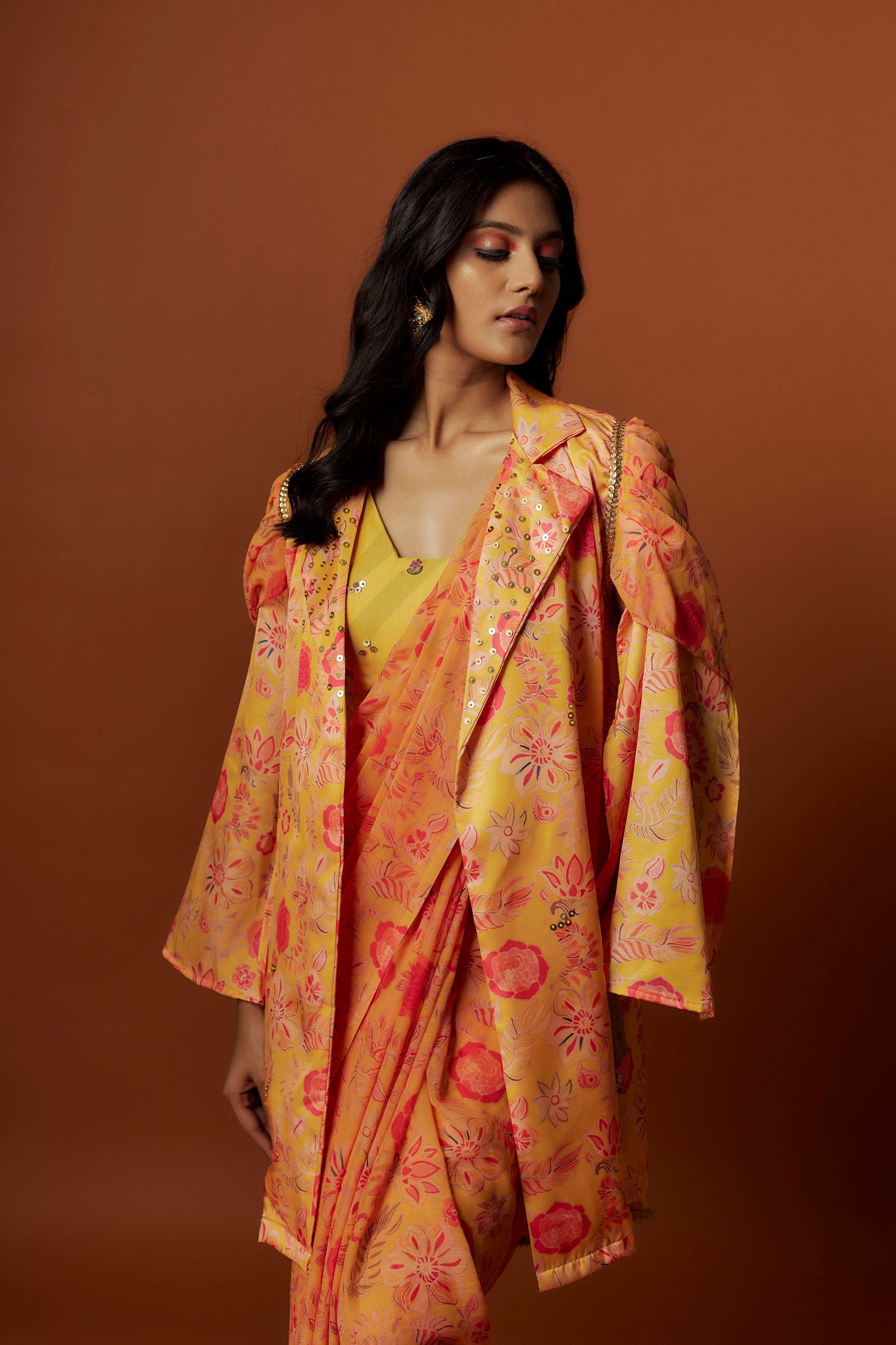 Slub linen satin & soft linen georgette yellow printed saree ,blouse, jacket set with hand embroidered.