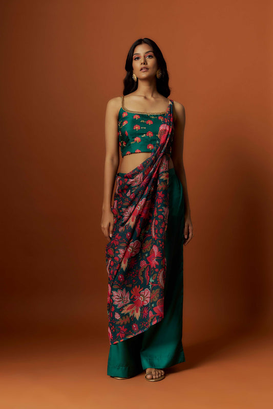 Slub linen satin & soft linen georgette green printed pre stitch drape dupatta set with hand embroidered blouse and pant.