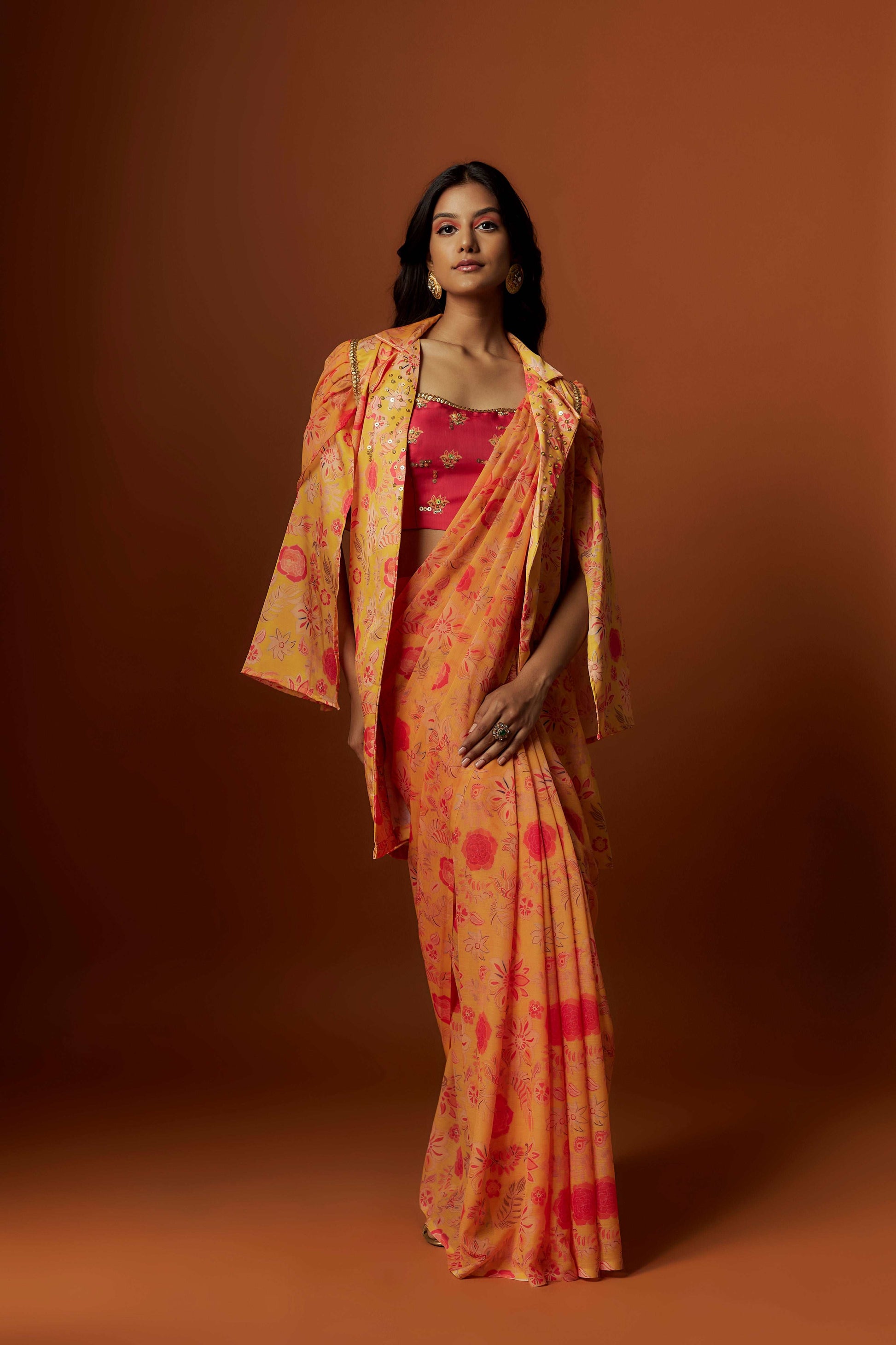 Slub linen satin & soft linen georgette yellow printed saree,blouse,jacket set with hand embroidered.