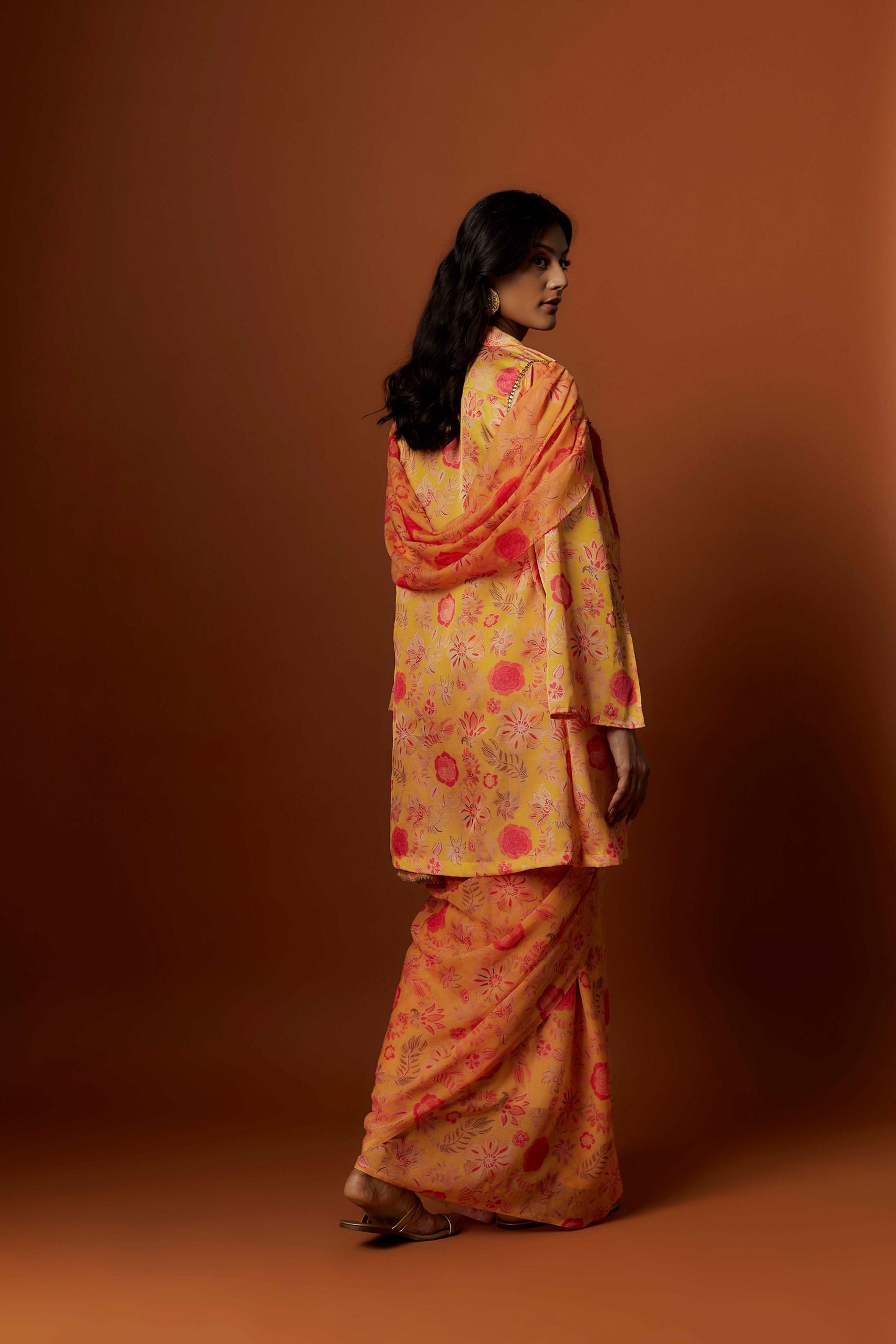 Slub linen satin & soft linen georgette yellow printed saree,blouse,jacket set with hand embroidered.