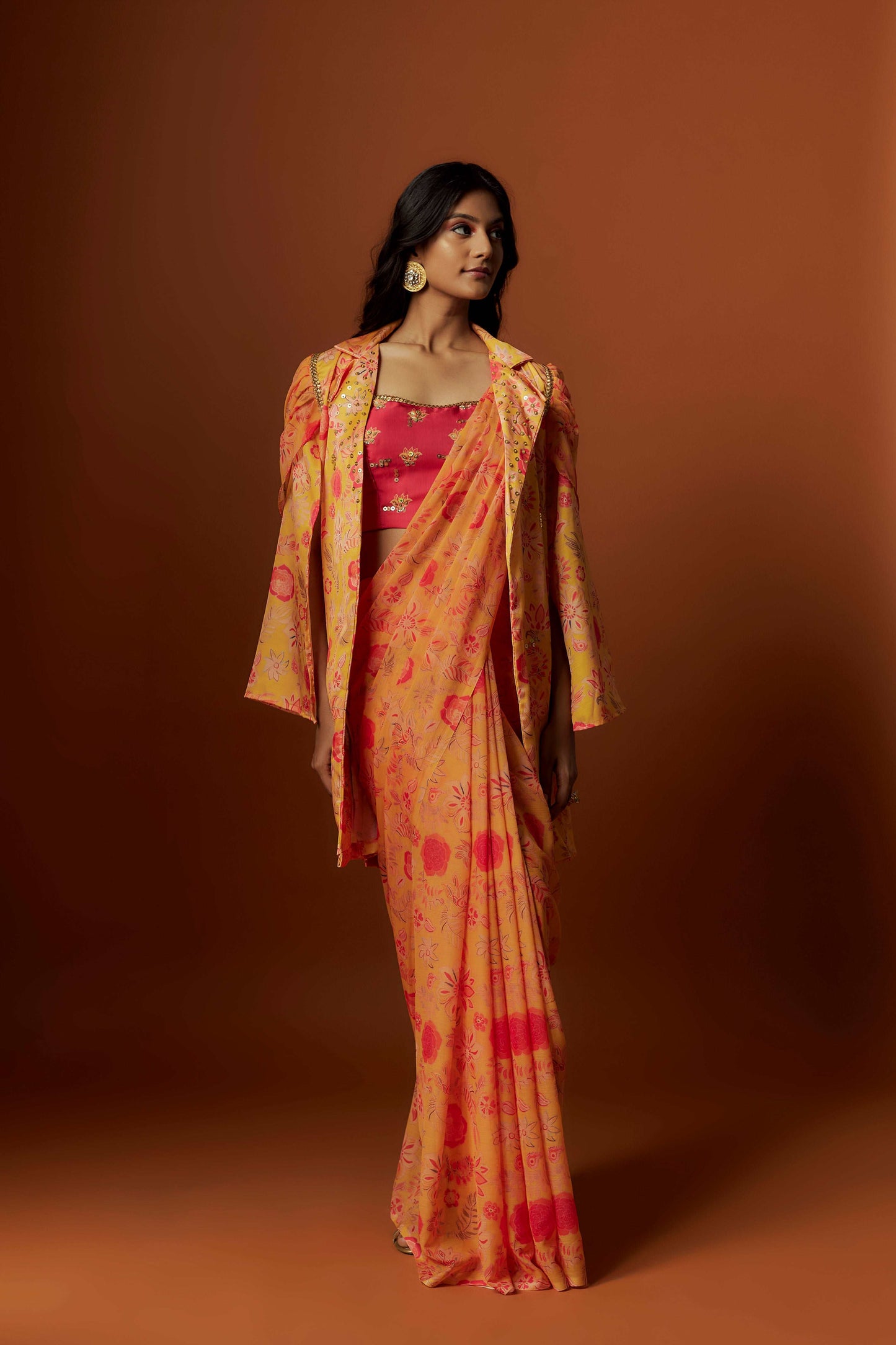 Slub linen satin & soft linen georgette yellow printed saree,blouse,jacket set with hand embroidered.