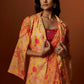 Slub linen satin & soft linen georgette yellow printed saree,blouse,jacket set with hand embroidered.