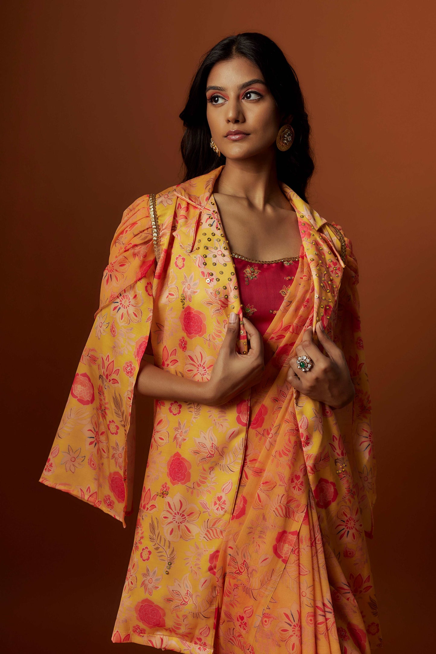 Slub linen satin & soft linen georgette yellow printed saree,blouse,jacket set with hand embroidered.