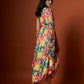 Slub linen satin & soft linen georgette multi printed one shoulder dress with open cowl sleeve and matching belt.