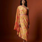 Slub linen satin & soft linen georgette yellow printed one shoulder dress with open cowl sleeve and matching belt.