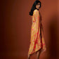 Slub linen satin & soft linen georgette yellow printed one shoulder dress with open cowl sleeve and matching belt.