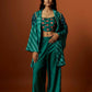 slub linen satin green printed jacket set with hand embroidery.