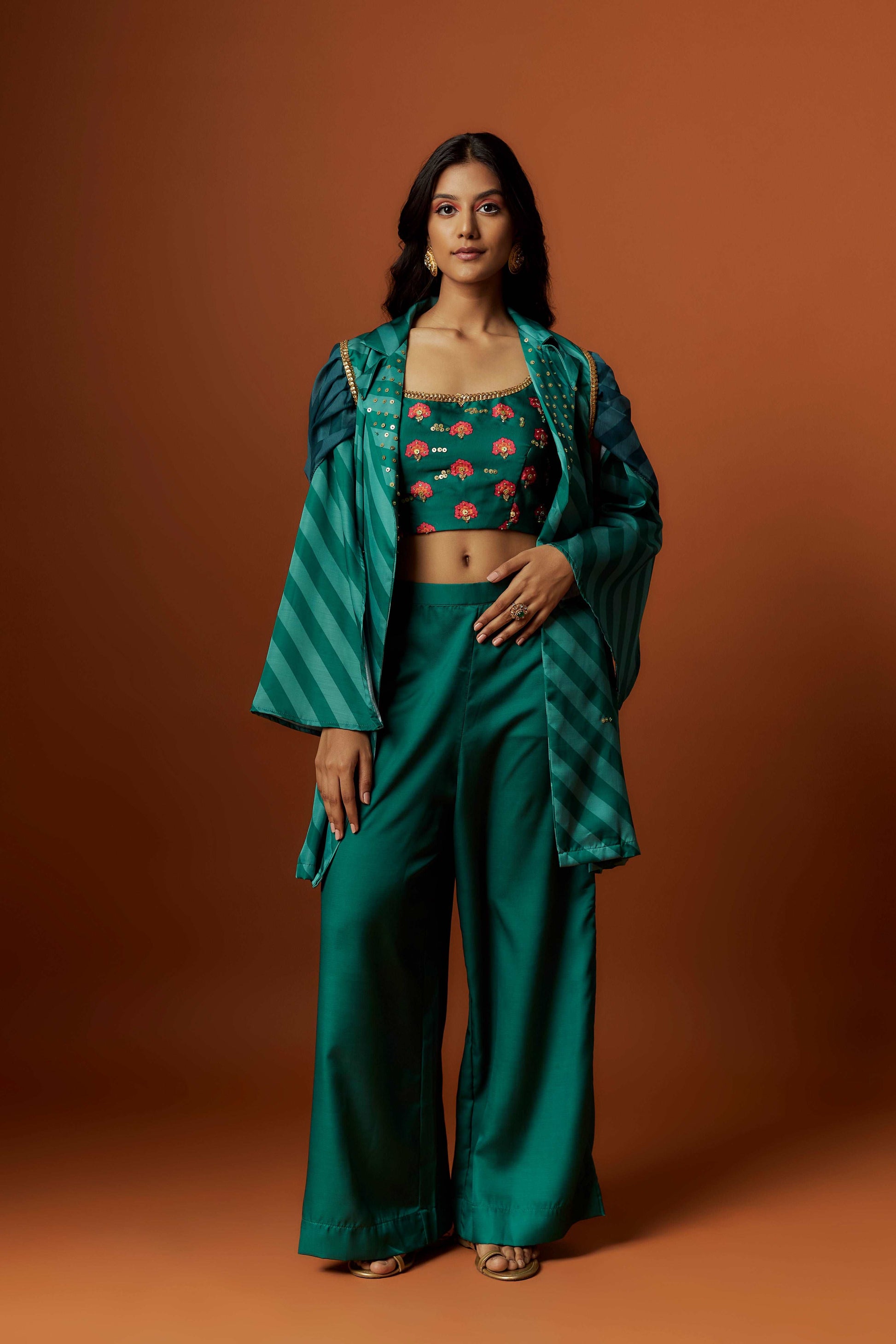 slub linen satin green printed jacket set with hand embroidery.