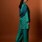 slub linen satin green printed jacket set with hand embroidery.