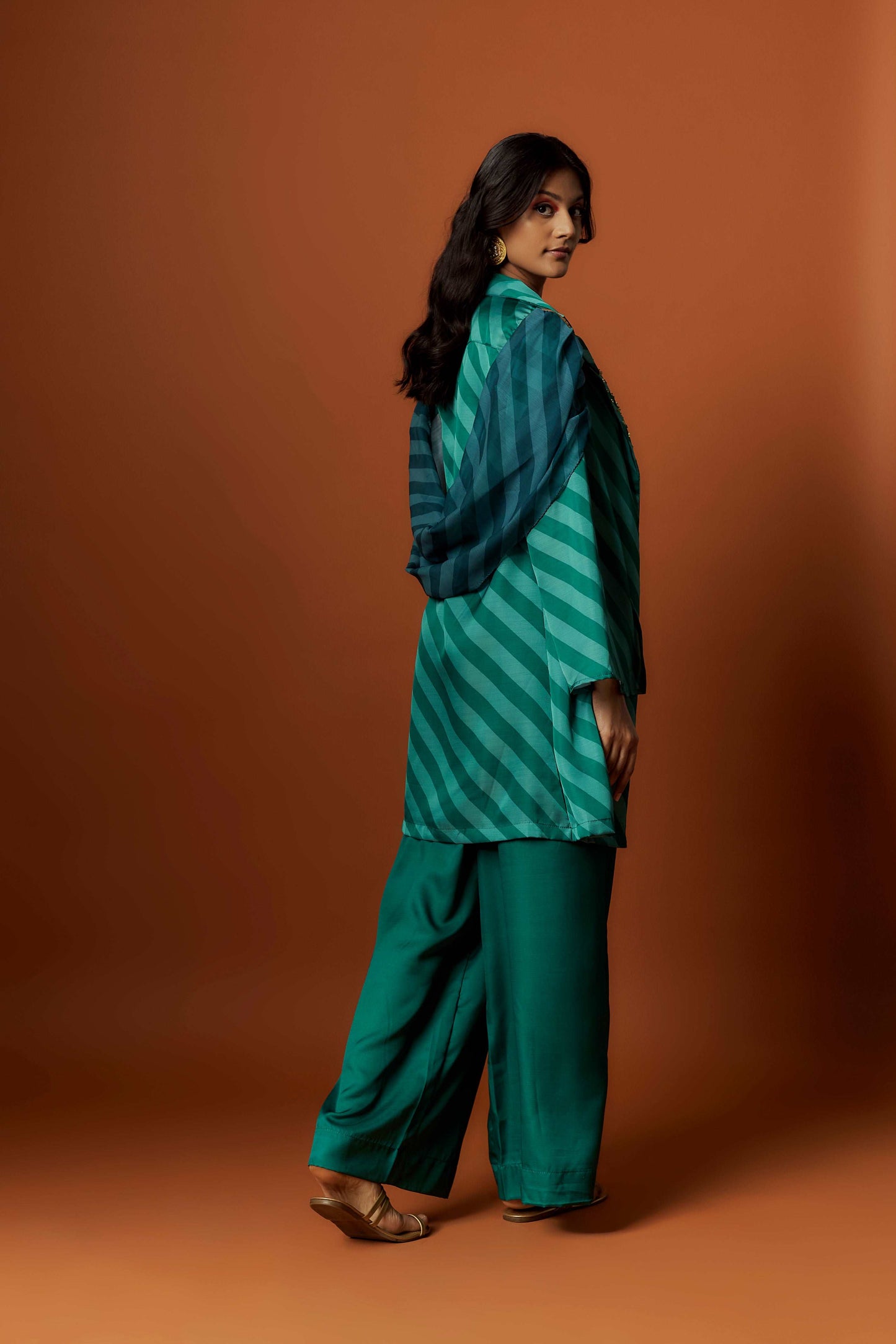 slub linen satin green printed jacket set with hand embroidery.