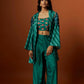 slub linen satin green printed jacket set with hand embroidery.