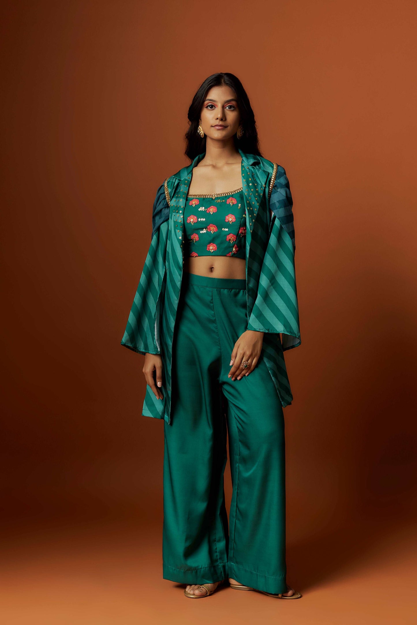 slub linen satin green printed jacket set with hand embroidery.