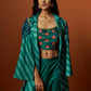 slub linen satin green printed jacket set with hand embroidery.