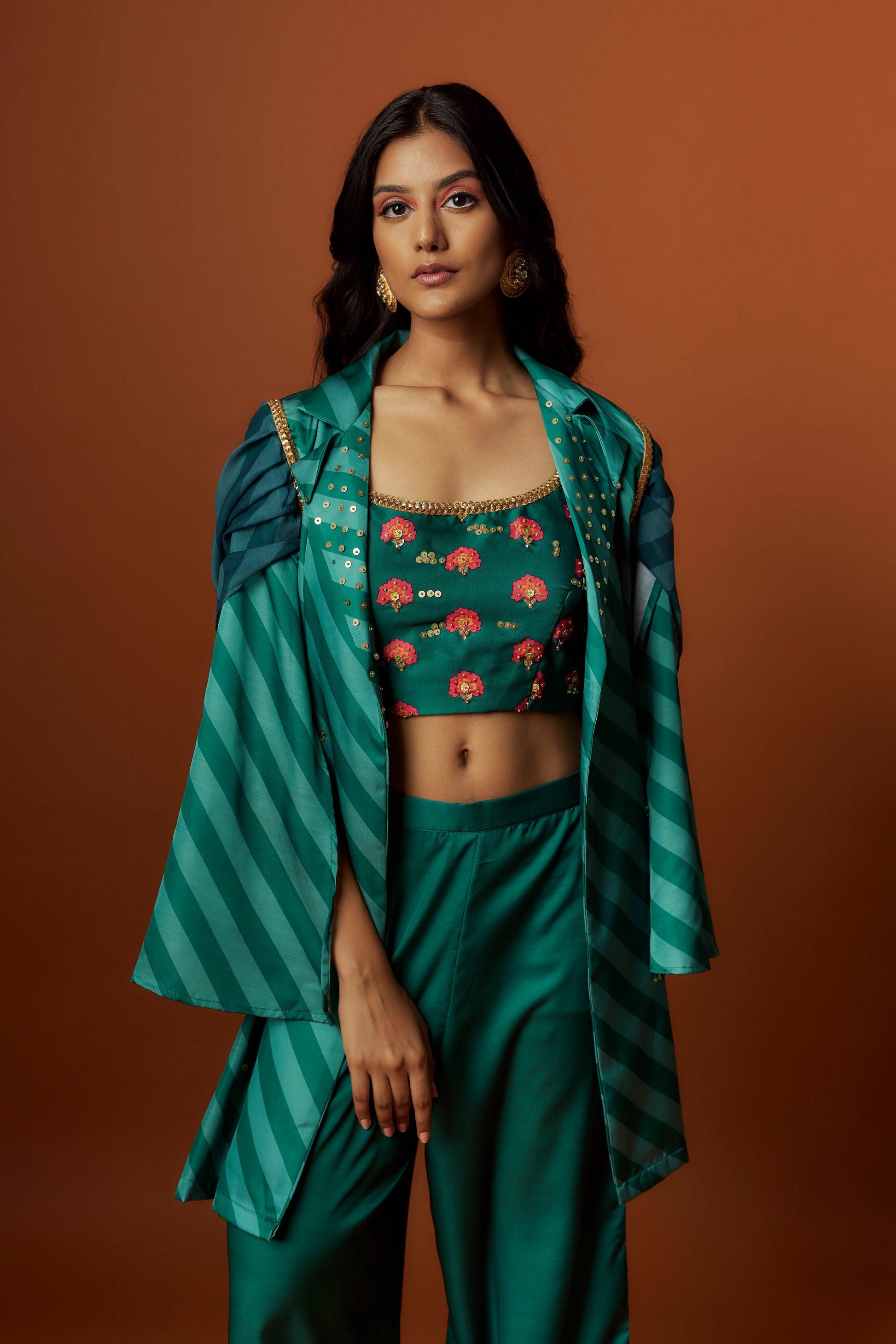 slub linen satin green printed jacket set with hand embroidery.