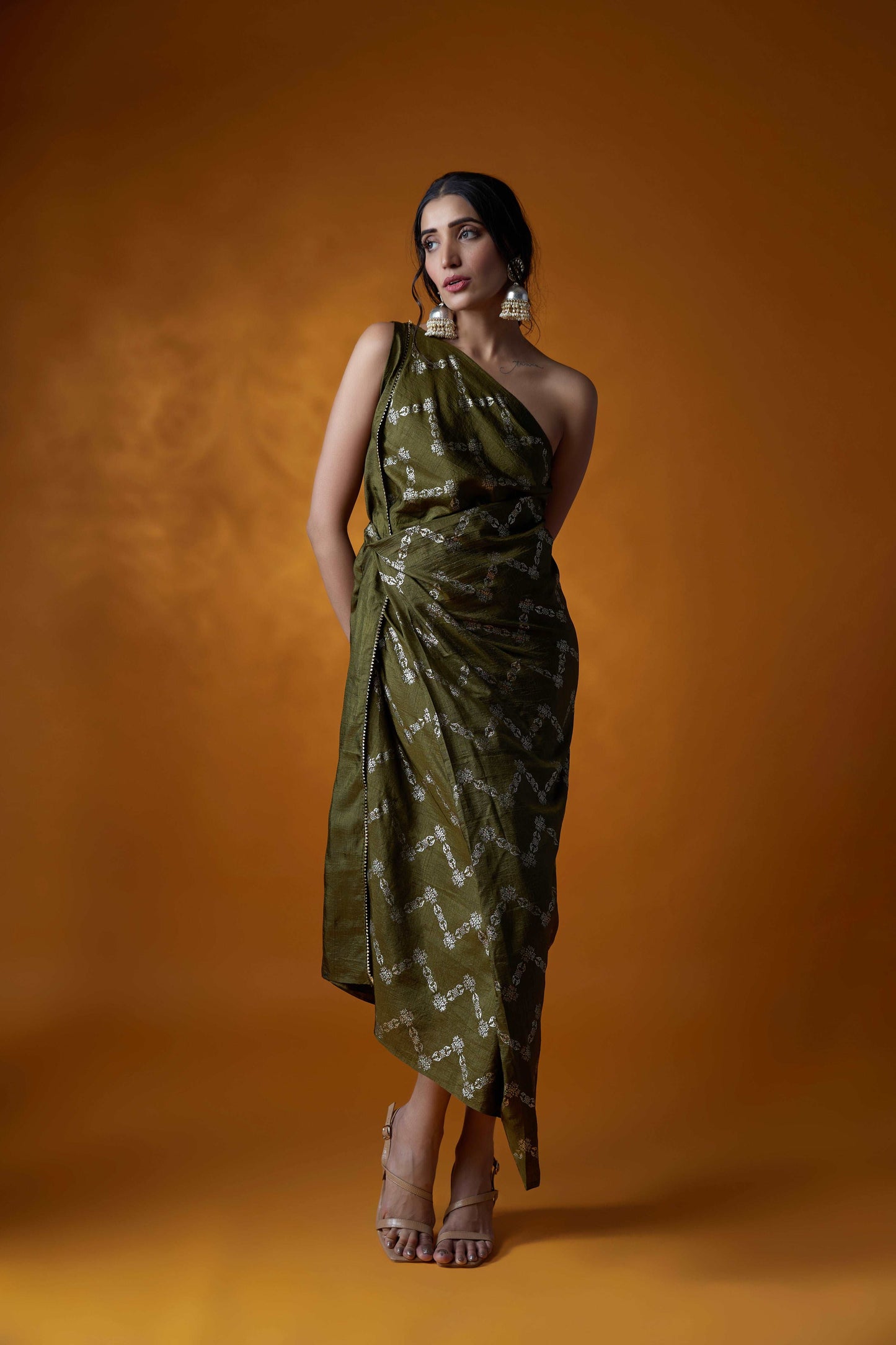 "Mahendi Green One-Shoulder Dress with Intricate Detailing