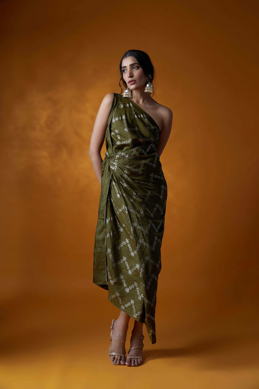 "Mahendi Green One-Shoulder Dress with Intricate Detailing