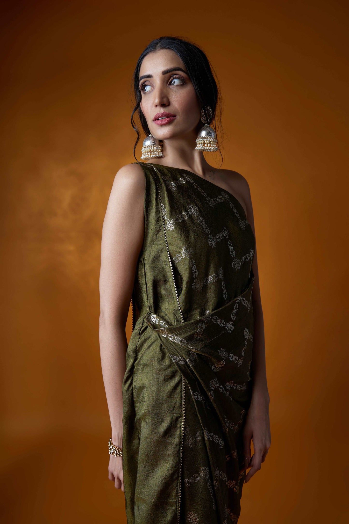 Mahendi Green One-Shoulder Dress with Intricate Detailing