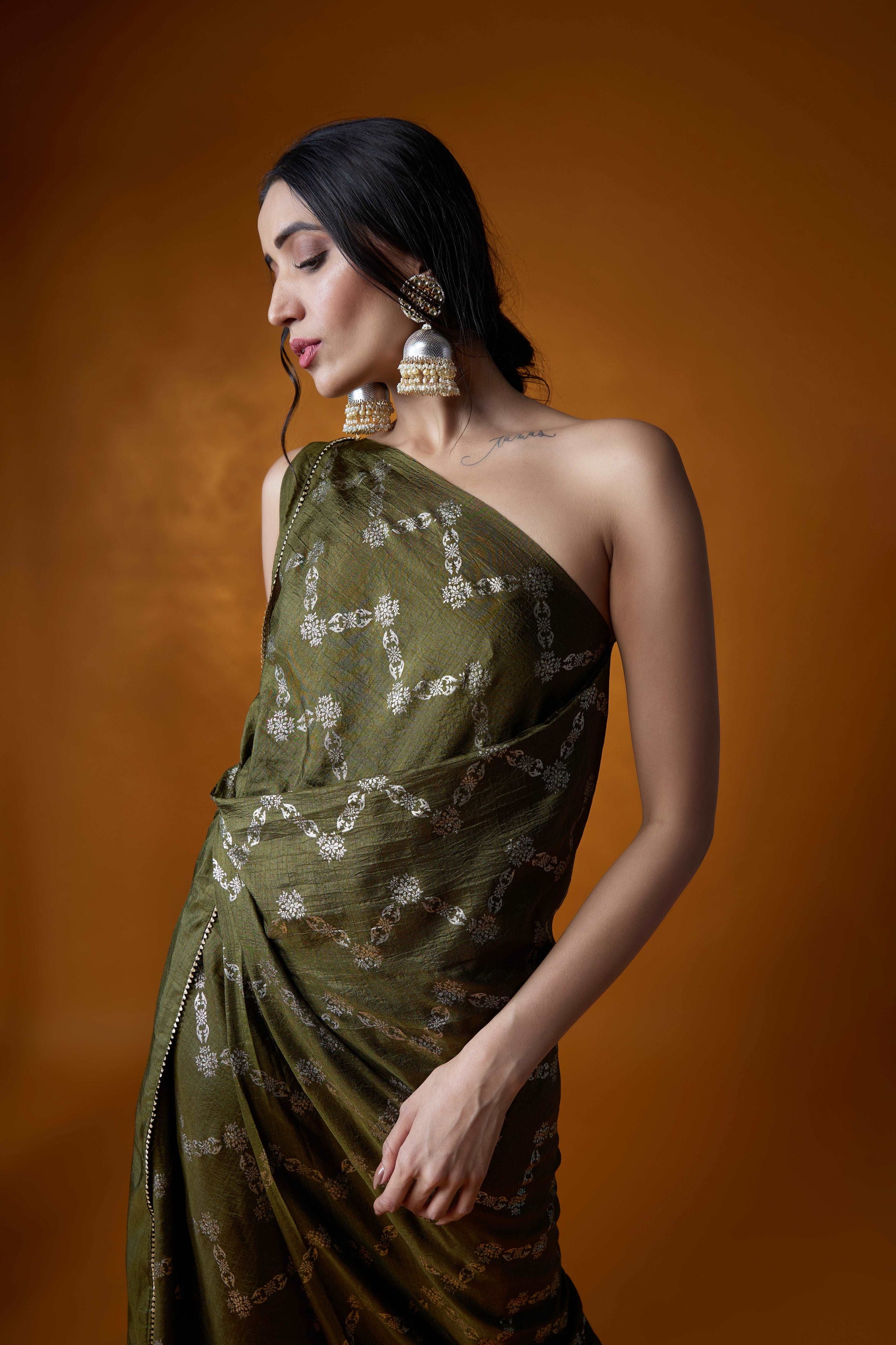 Mahendi Green One-Shoulder Dress with Intricate Detailing